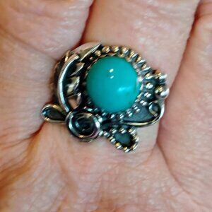 Southwest Sterling Silver Turquoise Ring Size 10.5 Flower Leaf Feather